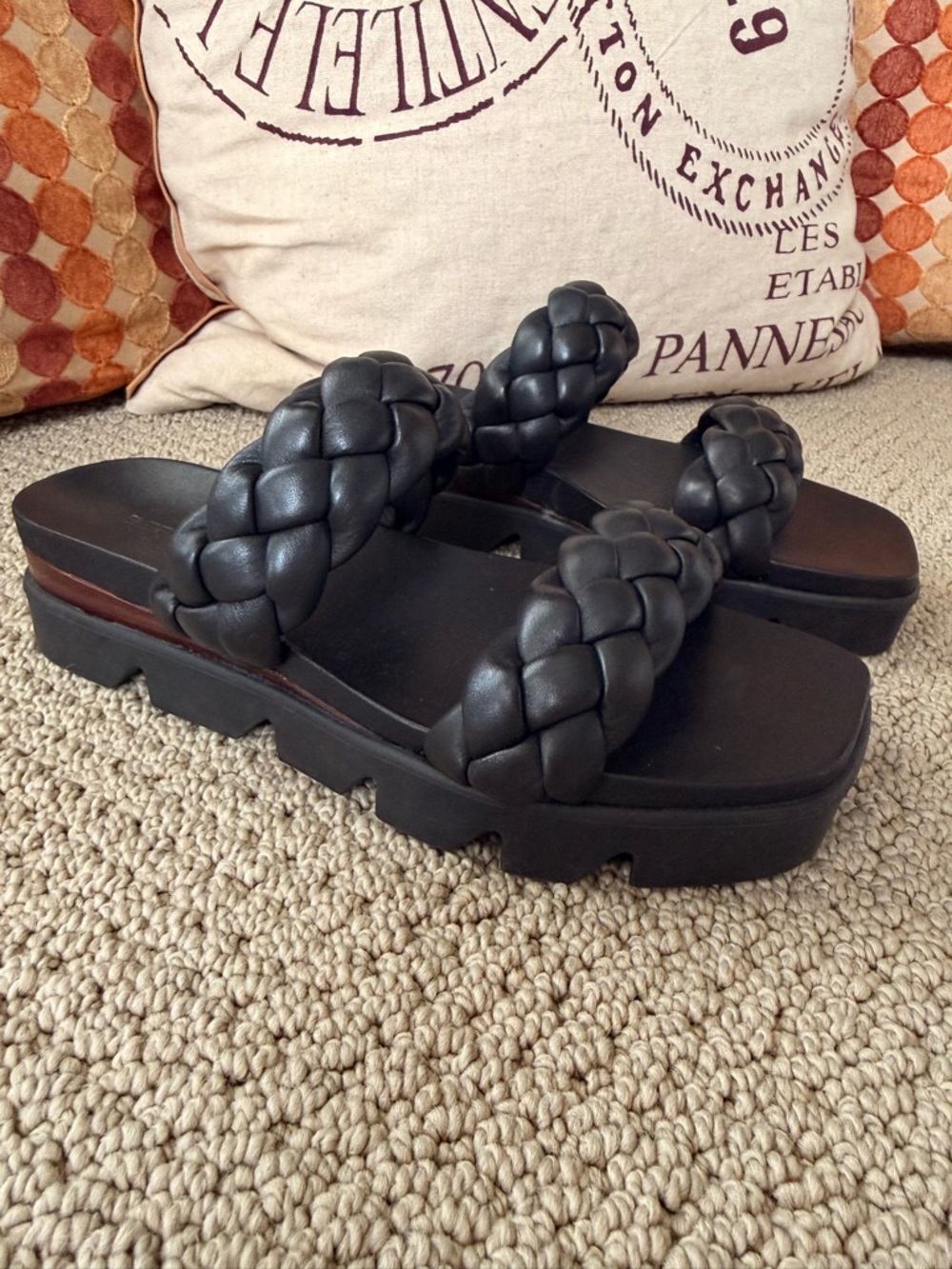 Bernardo Ciara Black Braided Leather Double-Strap Platform Slide Sandals